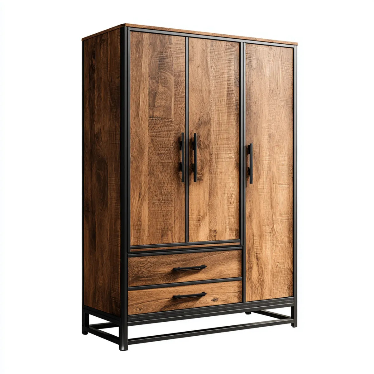 Armoire de chambre 3 portes 2 tiroirs marron et noir 120 x 50 x 200 cm panneaux de particules mélaminés rectangulaire