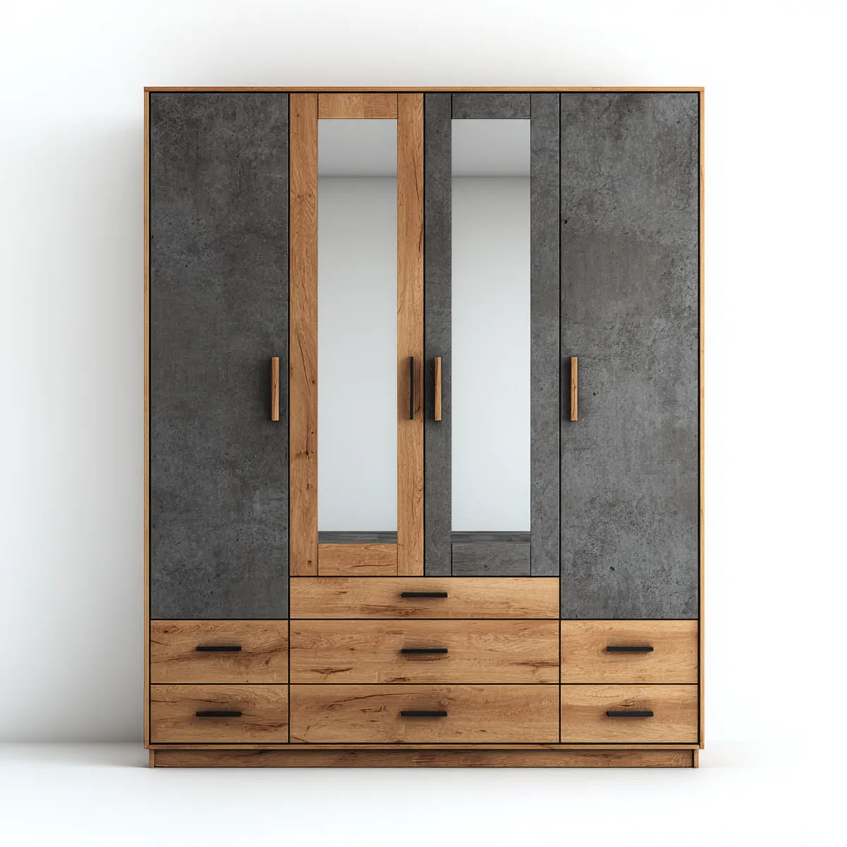Armoire de chambre 4 portes 7 tiroirs chêne et gris anthracite avec miroirs 200 x 60 x 220 cm en panneaux de particules mélaminés