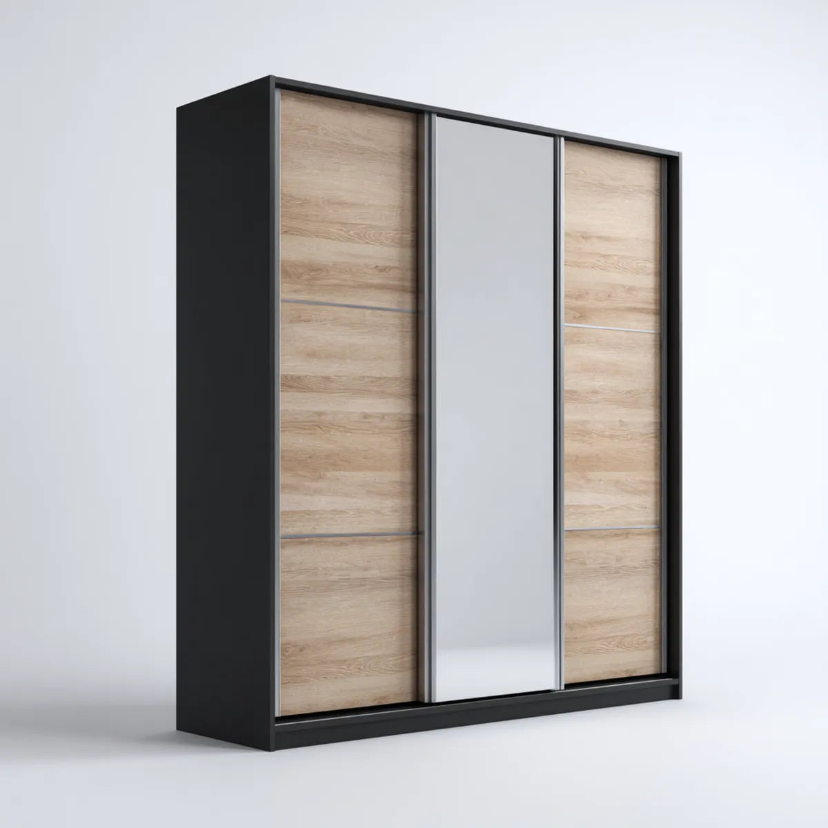 Armoire de chambre à 3 portes coulissantes noir chêne clair gris en panneaux de particules mélaminés rectangulaire 180 x 60 x 220 cm