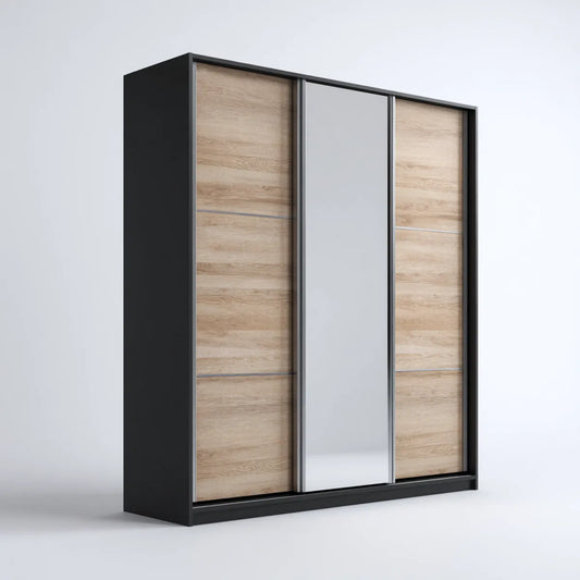 Armoire de chambre à 3 portes coulissantes noir chêne clair gris en panneaux de particules mélaminés rectangulaire 180 x 60 x 220 cm