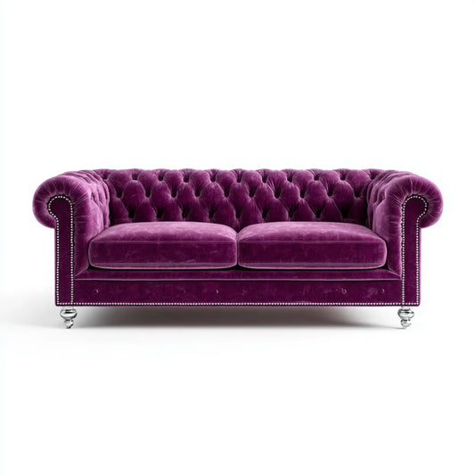 Canapé Chesterfield 2 places violet en velours polyester droit 180 x 90 x 75 cm
