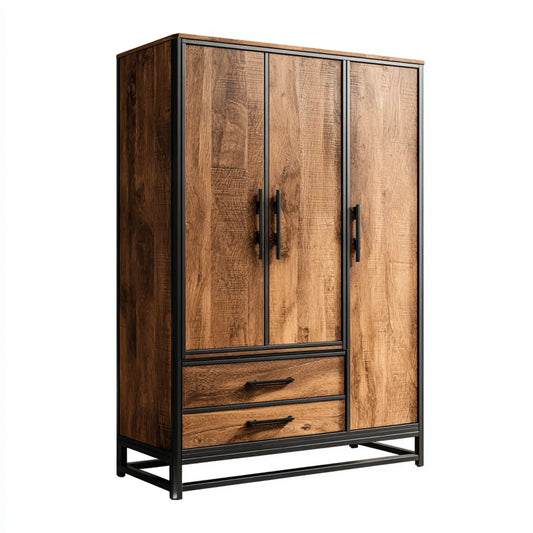 Armoire de chambre 3 portes 2 tiroirs marron et noir 120 x 50 x 200 cm panneaux de particules mélaminés rectangulaire