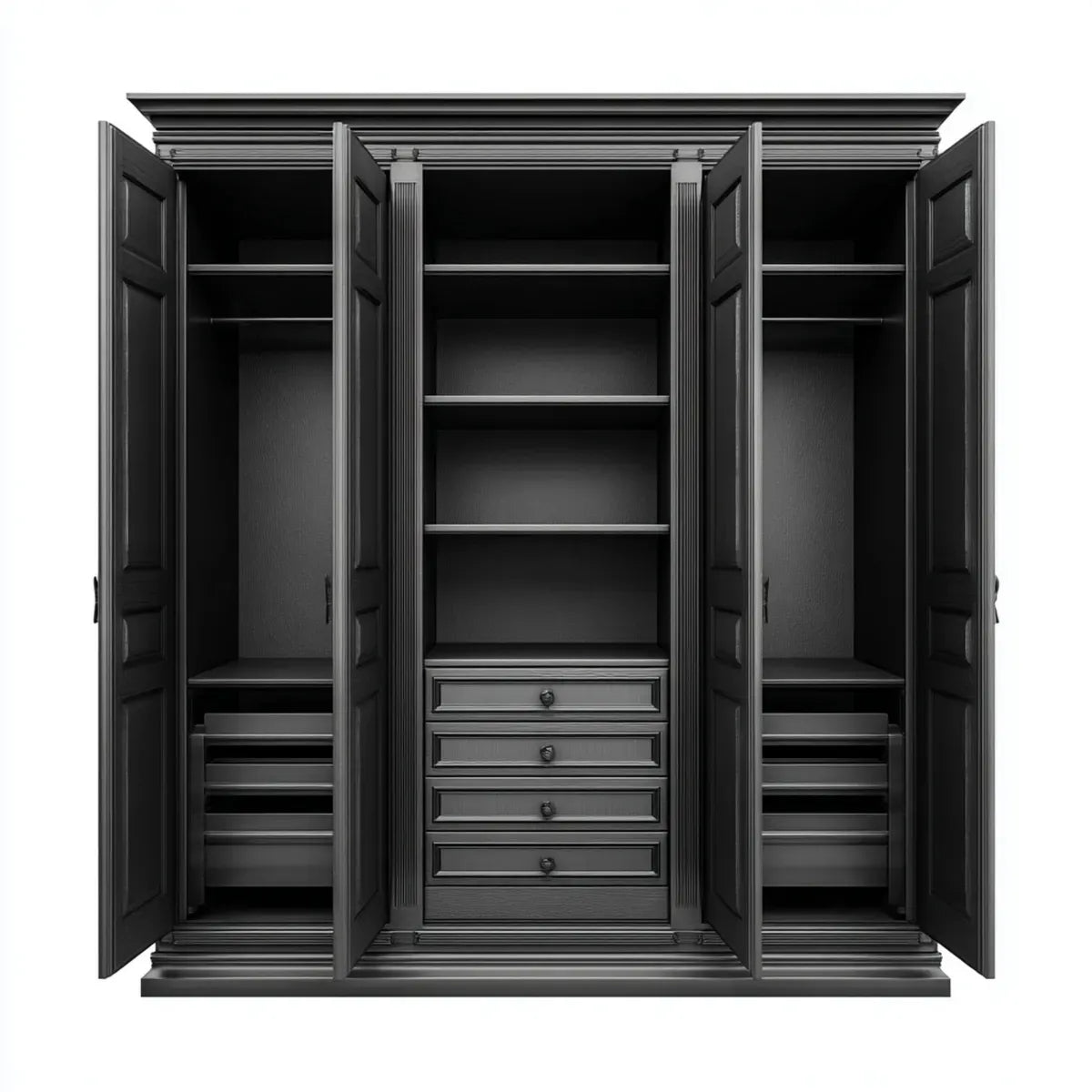 Armoire penderie 4 portes noire 240 x 60 x 220 cm en panneaux MDF rectangulaire