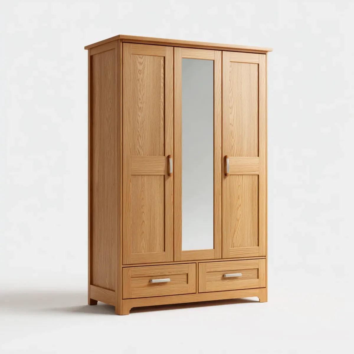 Armoire de chambre 3 portes 2 tiroirs chêne naturel miroir en verre rectangulaire 120 x 55 x 200 cm