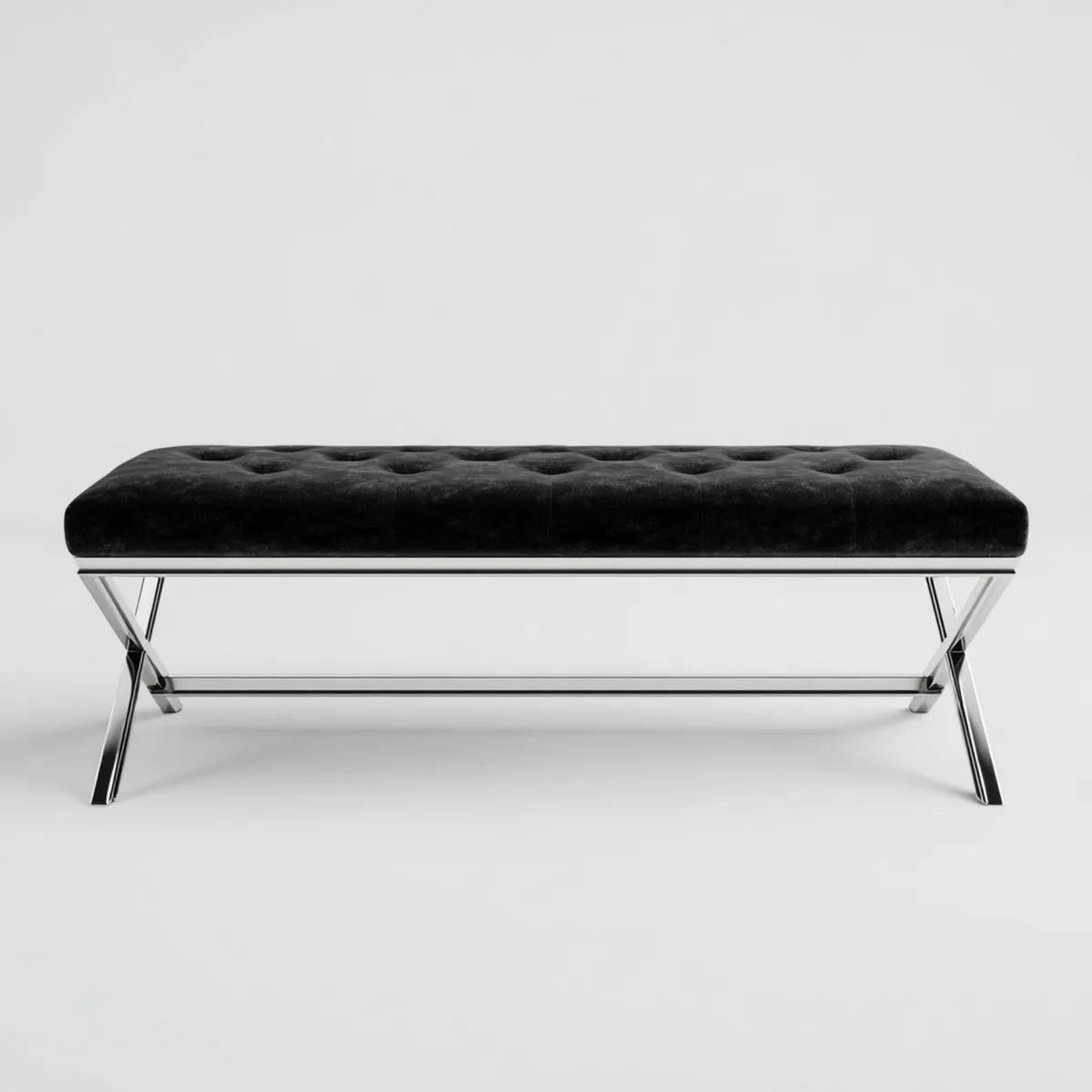 Banc de bout de lit capitonné noir 120 x 40 x 45 cm en velours polyester et acier chromé rectangulaire