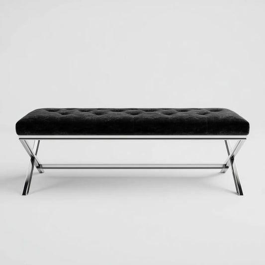 Banc de bout de lit capitonné noir 120 x 40 x 45 cm en velours polyester et acier chromé rectangulaire